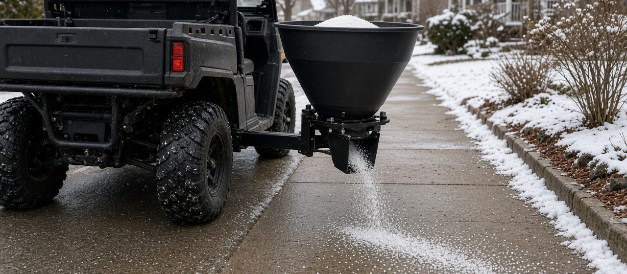 A black cone-shaped spreader on the back of a utility vehicle spreading salt on a sidewalk, in Truckee, California