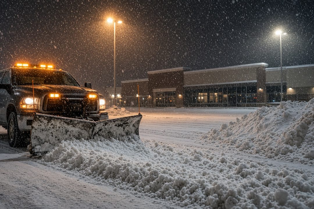 A dark pickup with amber lights and a front plow blade pushing snow across a parking lot at night, with tall pole lights, a storefront building and a snow pile behind it, in Truckee, California