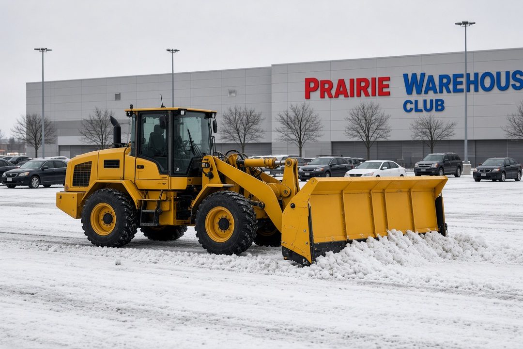 A yellow wheel loader with a yellow snow pusher clearing a big store parking lot, with parked cars and bare trees behind it, in Truckee, California