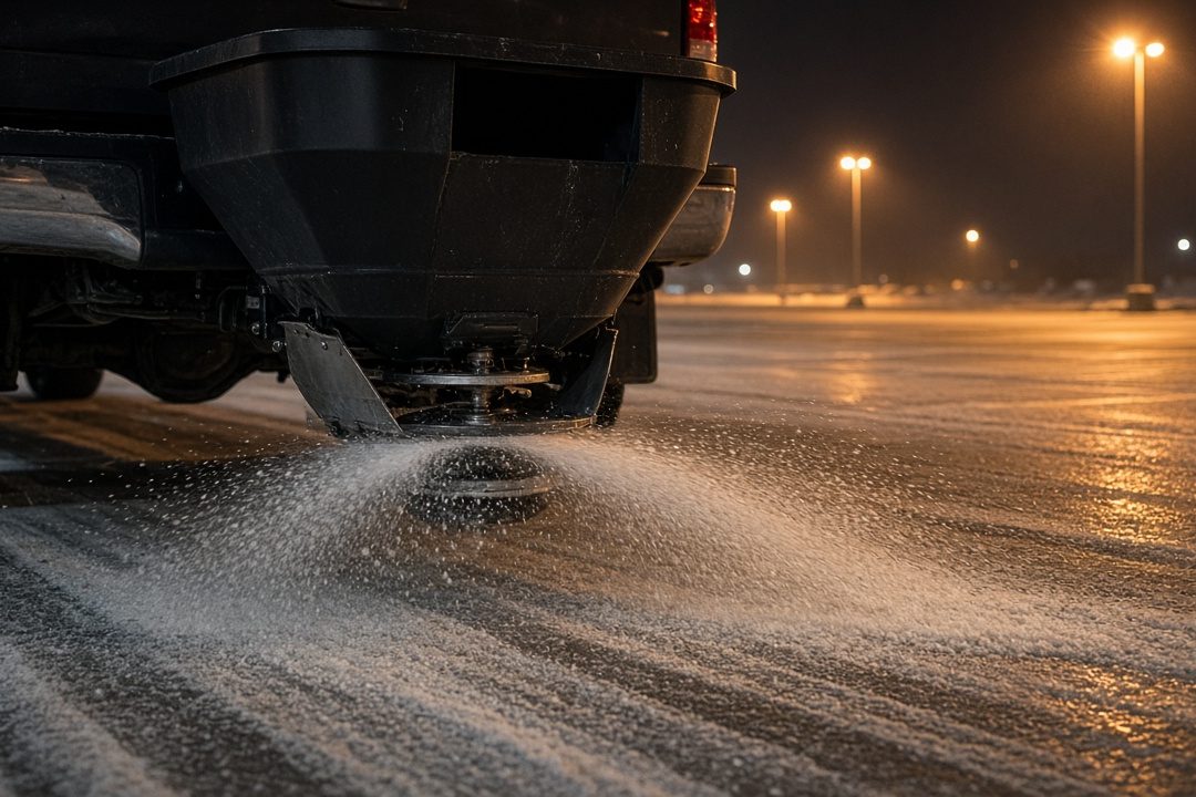 A black tailgate hopper on the back of a truck spreading salt across a parking lot at night, in Truckee, California