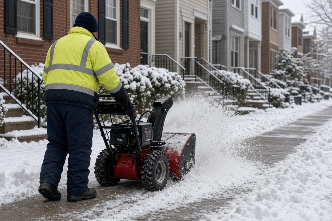 A worker in a yellow high-visibility jacket clearing a snowy sidewalk with a red two-stage snow blower in front of a row of brick townhomes, in Truckee, California