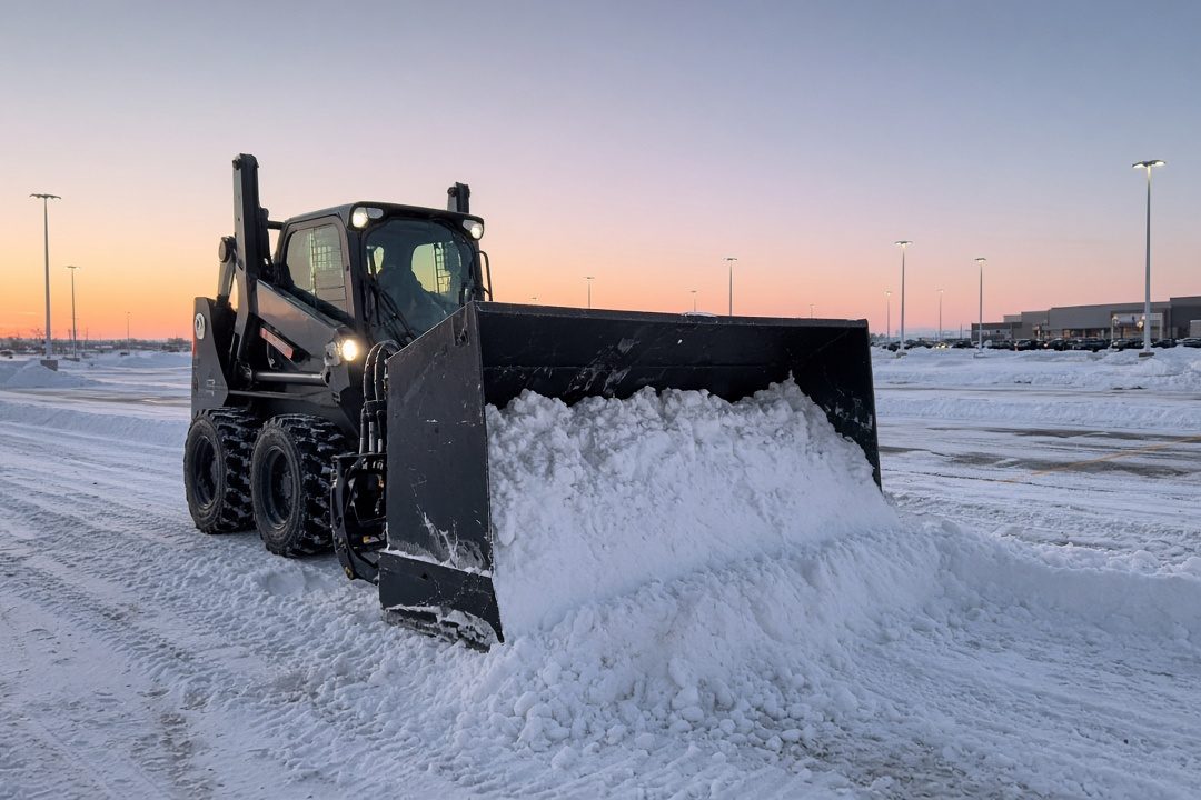 A black snow pusher box on a wheeled skid steer pushing snow across a big parking lot at dawn, in Truckee, California